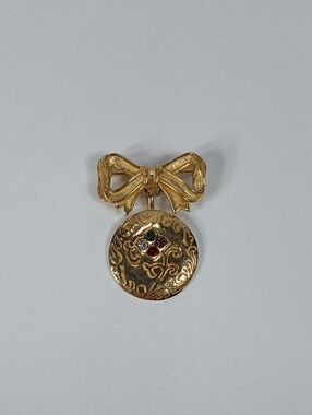 Vintage Avon Brooch Dear "Victorian Regard" Gold Bow Drop Pendant  Gem Accents